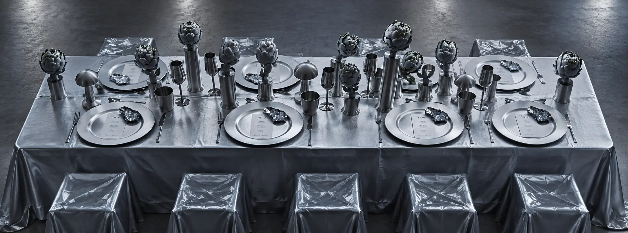 Elevated view of a contemporary silver banquet table with metallic artichoke centerpieces, minimalist place settings and silver-draped stools.