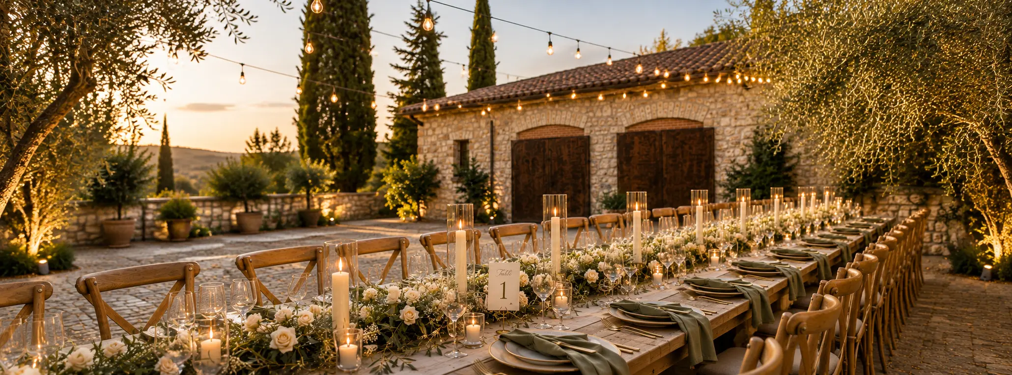 Outdoor wedding reception with a long banquet table decorated with white roses, olive branches, candles and sage green napkins beneath string lights.