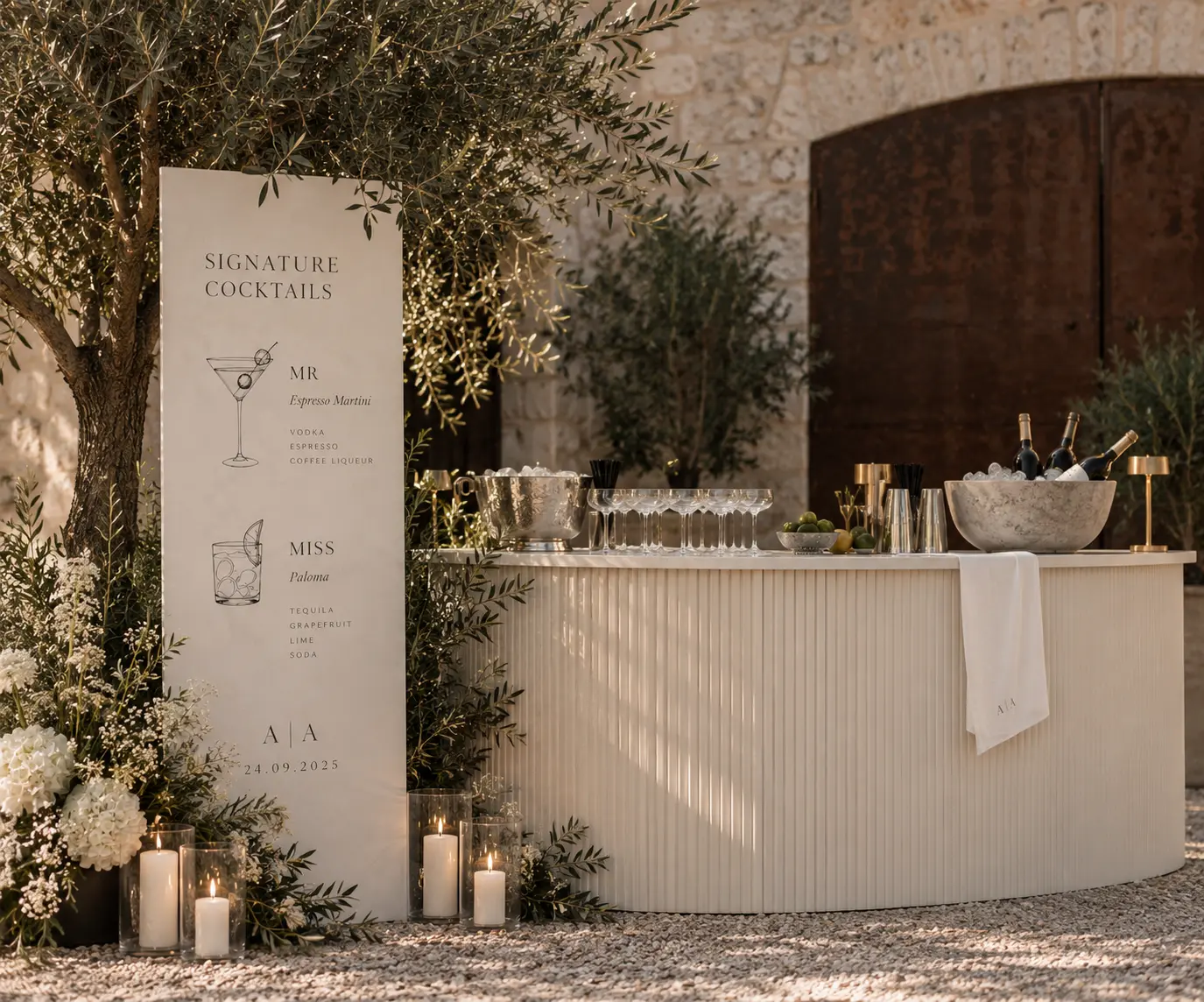 Elegant outdoor wedding cocktail bar with personalized signature drinks signage, white floral arrangements, olive trees and candles.