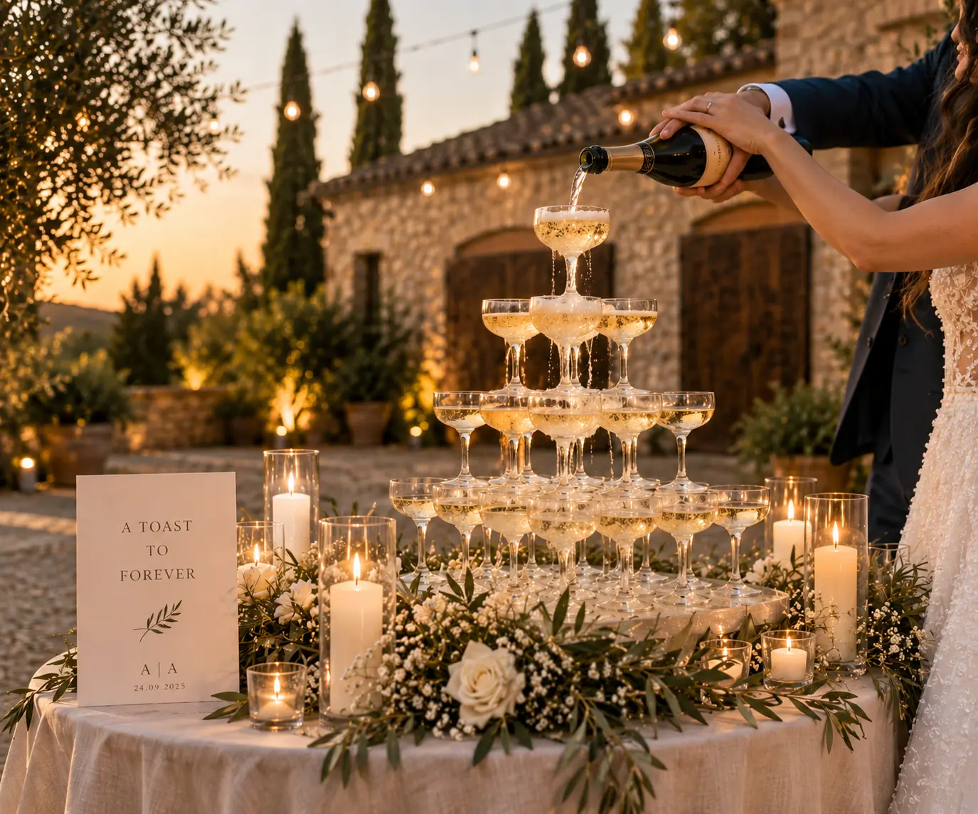 Bride and groom pouring champagne into a tower of coupe glasses at sunset, surrounded by white floral arrangements, olive branches and candles.