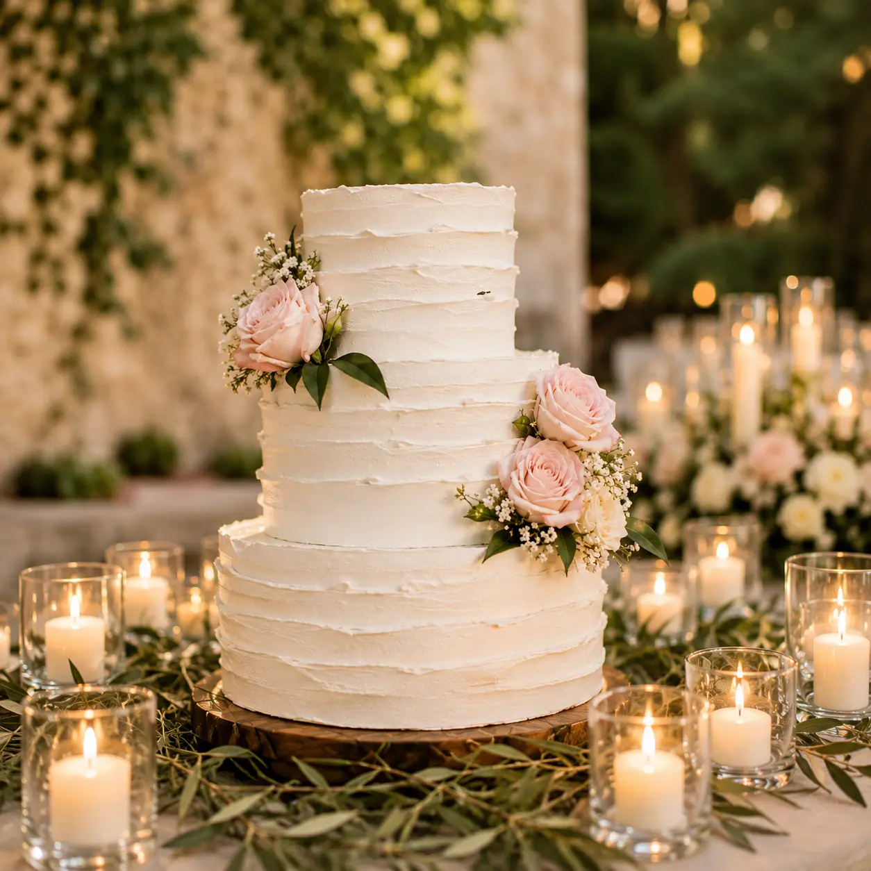 Three-tier white wedding cake decorated with blush pink roses and delicate flowers, surrounded by candles and olive branches.