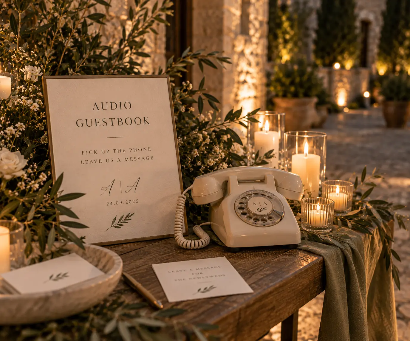 Vintage ivory telephone used as an audio wedding guestbook, styled with personalized signage, olive branches, white flowers and candlelight.