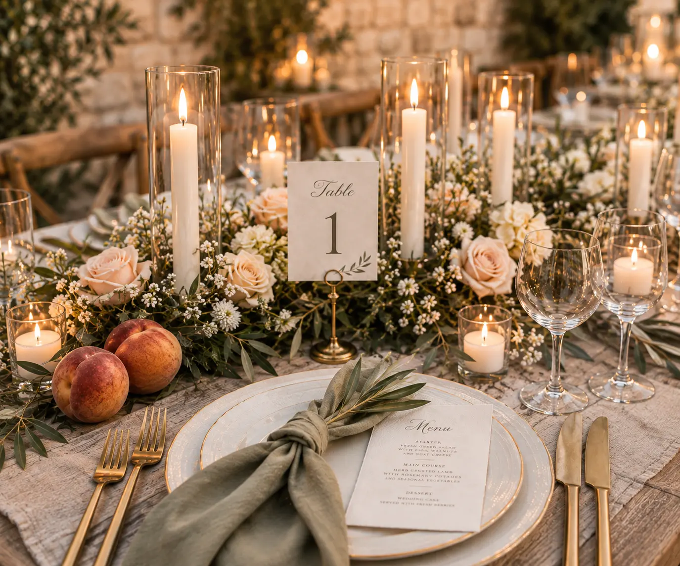 Elegant wedding reception table with blush pink roses, olive branches, candlelight, gold cutlery and sage green napkins.