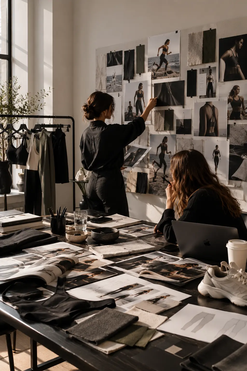 Two creative professionals developing a fashion-inspired moodboard in a design studio, surrounded by visual references, fabric samples and styling materials.