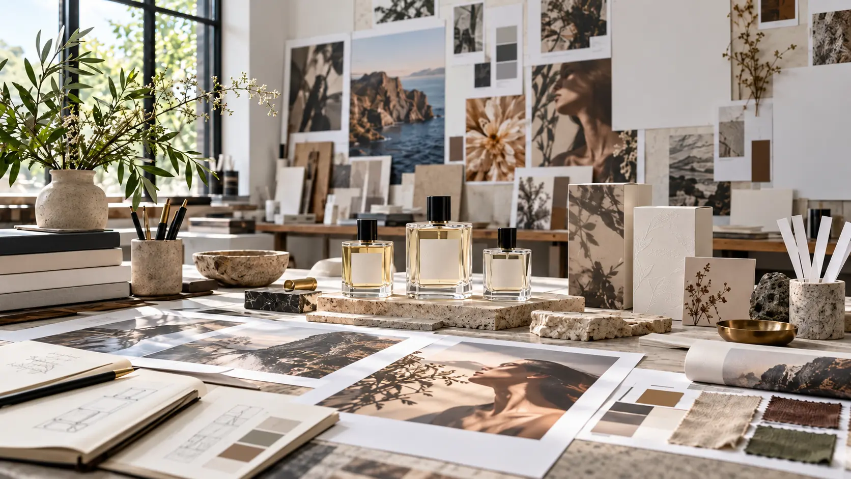 Creative studio workspace featuring perfume bottles, visual moodboards, material samples, color palettes and editorial photography for brand concept development.