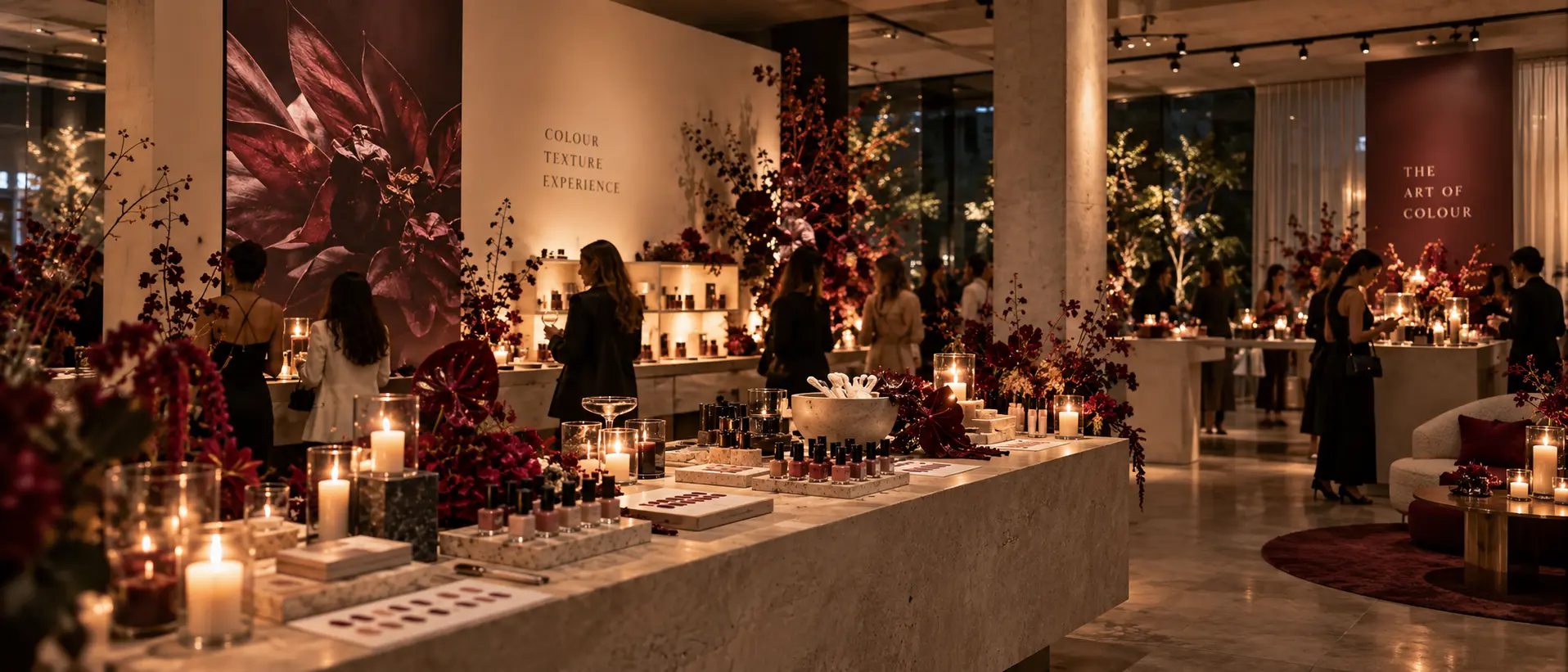 Luxury brand event featuring beauty product displays, burgundy floral installations, candlelit tables and guests exploring an immersive exhibition space.