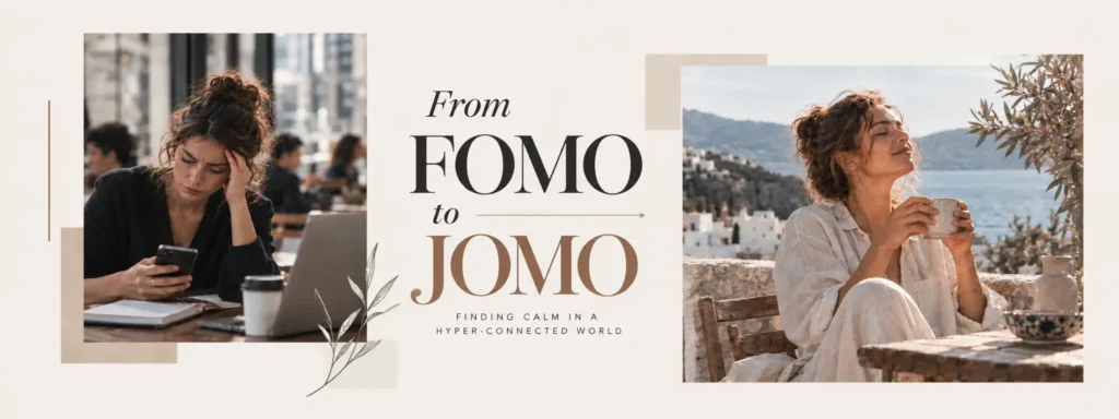 From FOMO to JOMO editorial illustration contrasting a woman checking her phone in a busy café with a woman relaxing by the sea, enjoying a mindful moment.