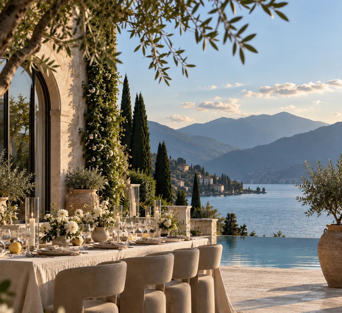 Elegant destination wedding reception at an Italian lakeside villa, featuring ivory floral arrangements, candlelit tables, olive trees and mountain views.