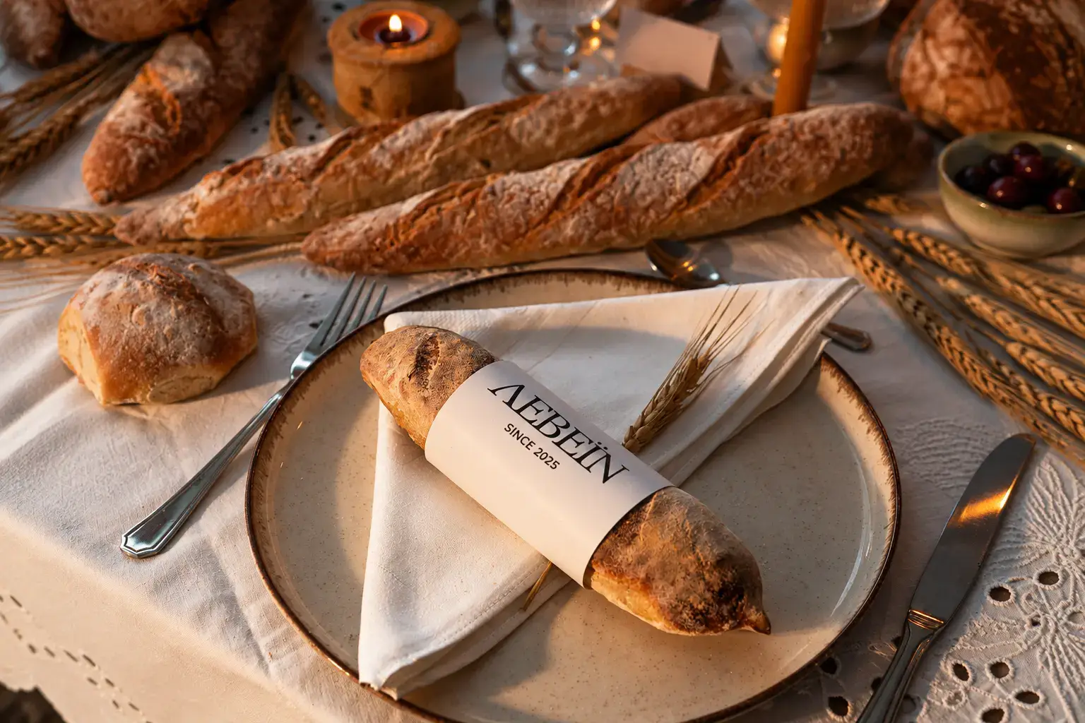LEVEIN artisan bread presented on a ceramic plate with branded packaging, surrounded by rustic baguettes, wheat and embroidered table linens.