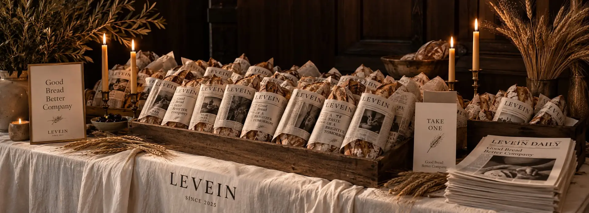 LEVEIN artisan bread loaves displayed in branded newspaper-style packaging, arranged in wooden crates with candles and promotional signage.