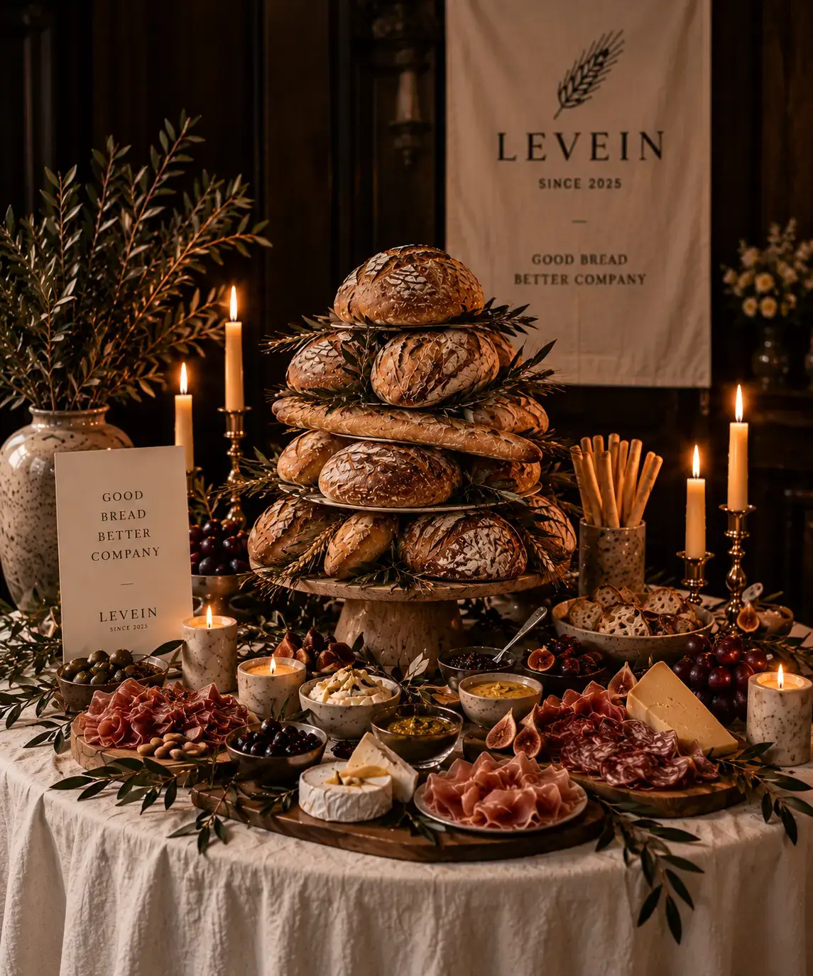 Featuring stacked rustic loaves, a charcuterie table, candlelight and branded signage.