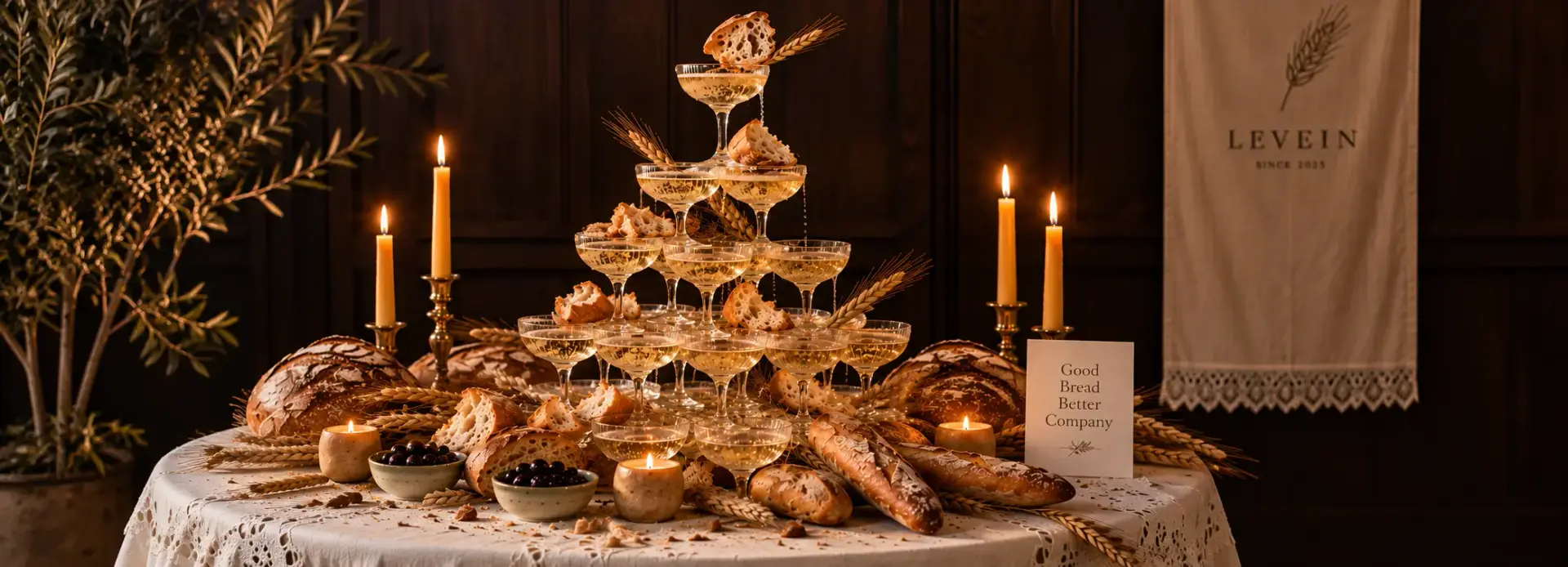 Champagne tower decorated with artisan bread and wheat, surrounded by rustic loaves, candles and LEVEIN branding.