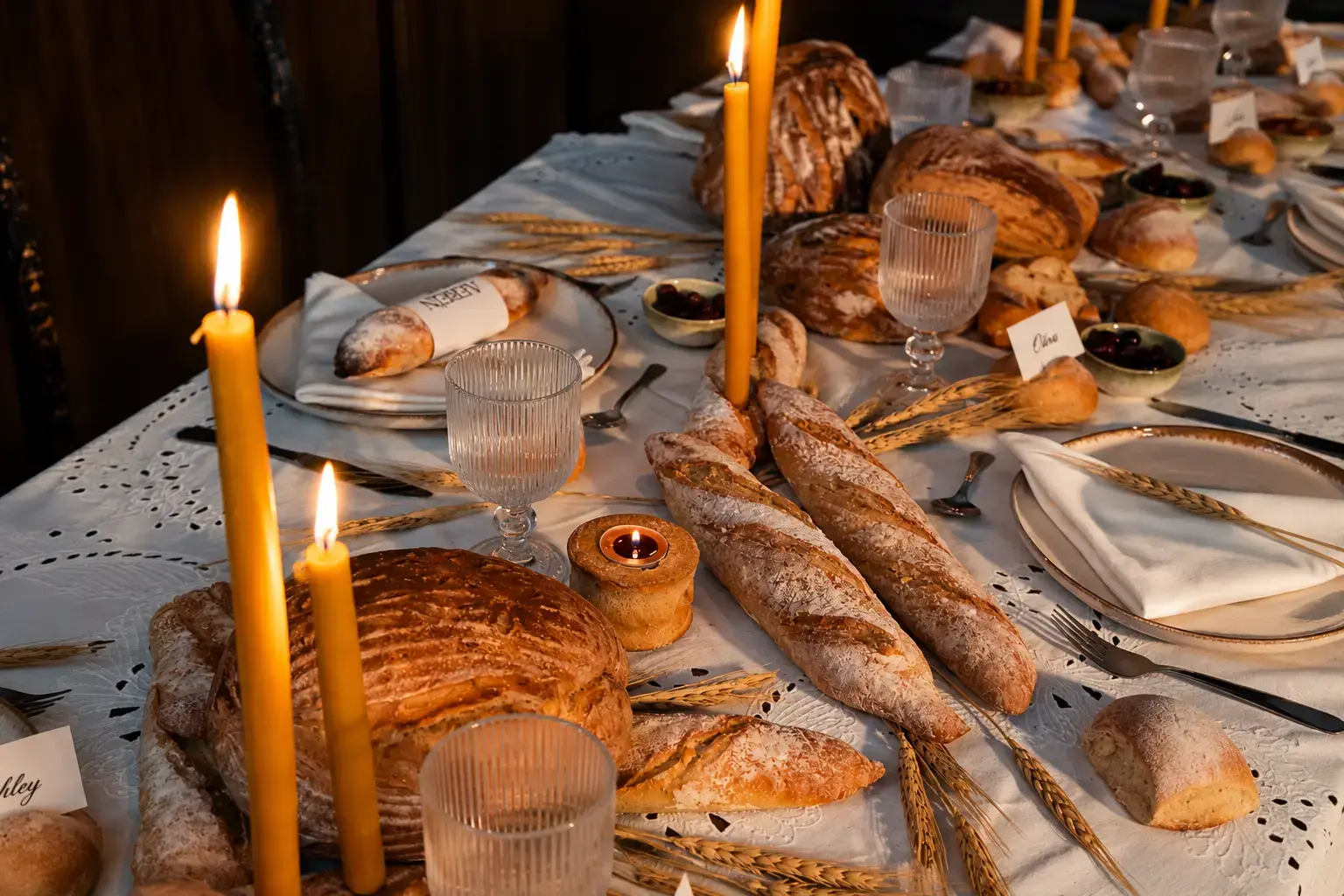LEVEIN artisan bread tablescape with rustic sourdough loaves, baguettes, wheat stalks, embroidered linens and glowing taper candles.
