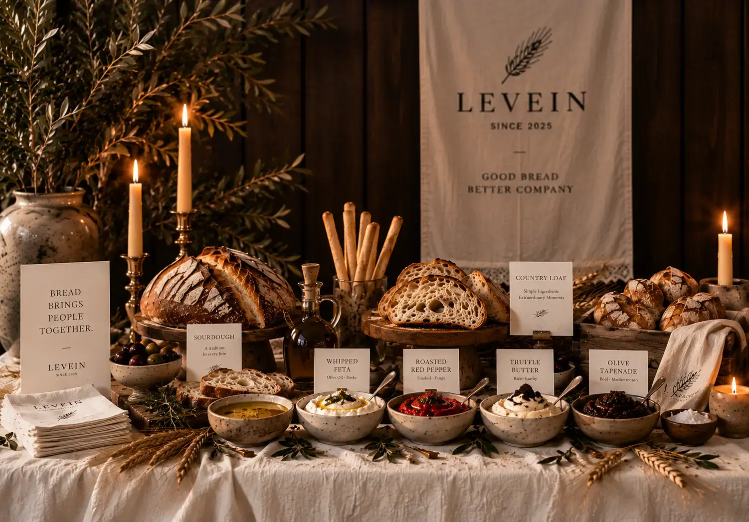 LEVEIN artisan bread display with sliced sourdough loaves, gourmet spreads, branded product cards, olive branches and candlelight.