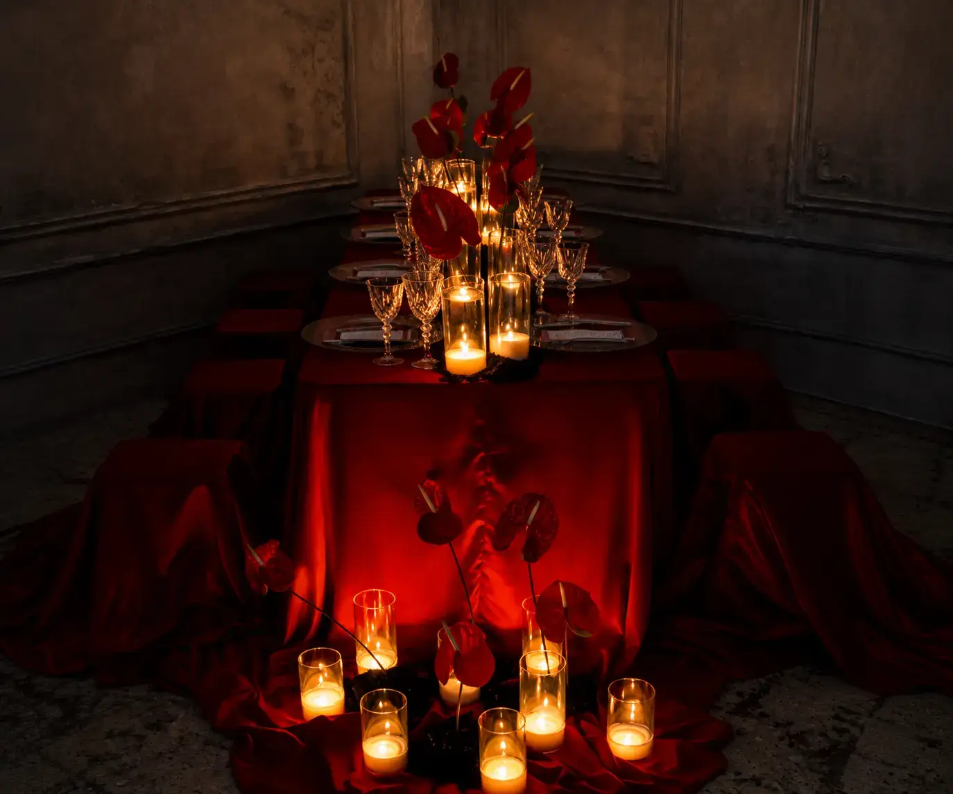 Intimate event table styled with deep red satin, red anthurium flowers, crystal glassware and glowing candles in a dark, elegant setting.
