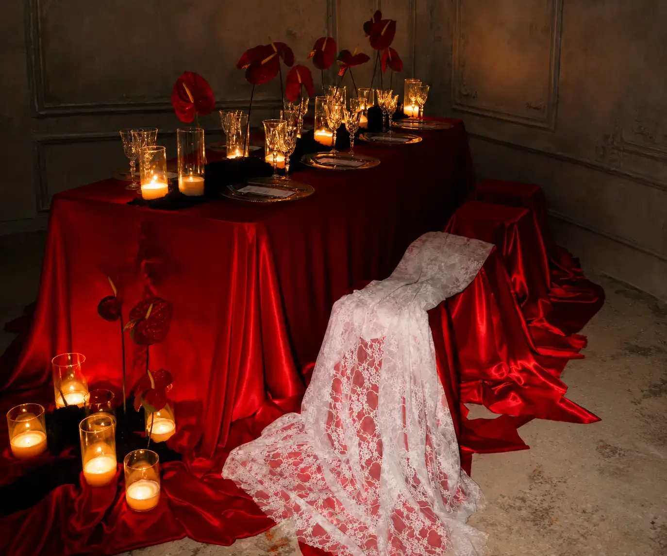 Editorial event tablescape with red satin draping, red anthurium flowers, candlelight and delicate white lace fabric.