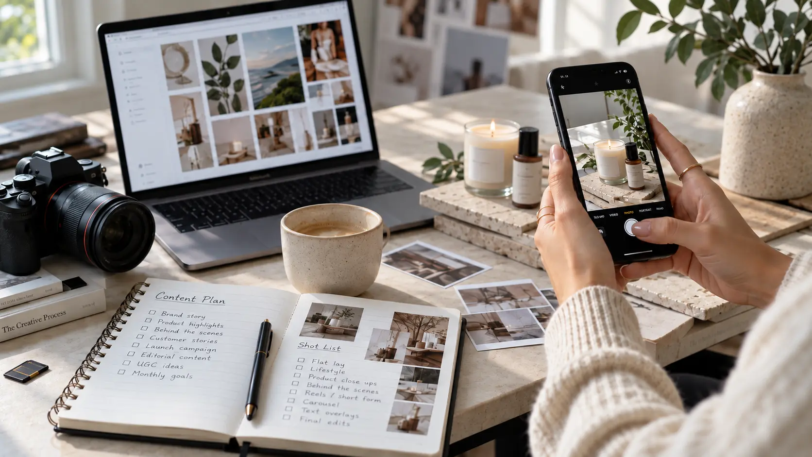 Social media content creator photographing a styled skincare product and candle with a smartphone, alongside a camera, laptop moodboard and content planning notebook.