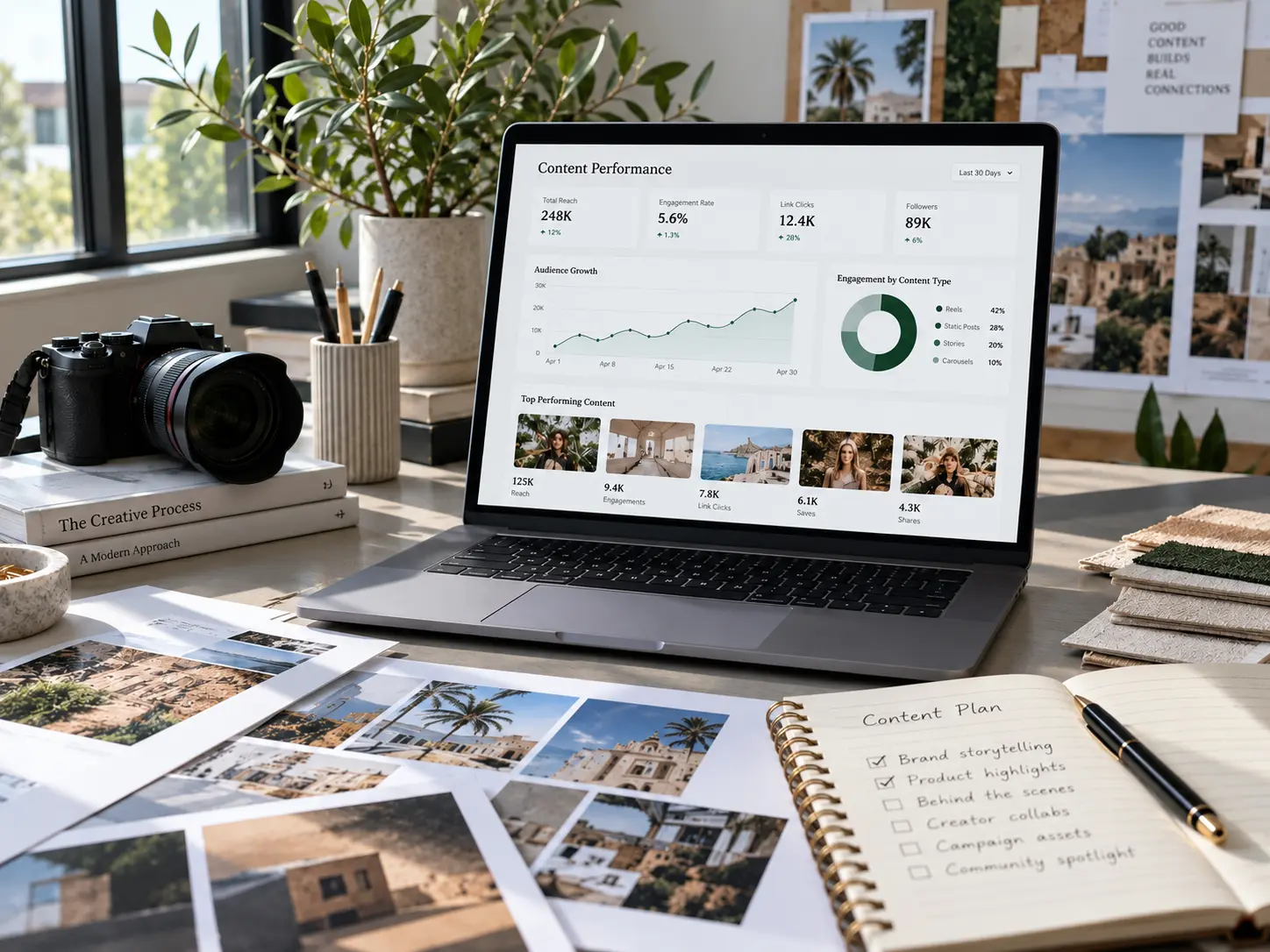Laptop displaying social media performance analytics, engagement metrics and content growth charts, alongside a camera, visual references and content planning notebook.