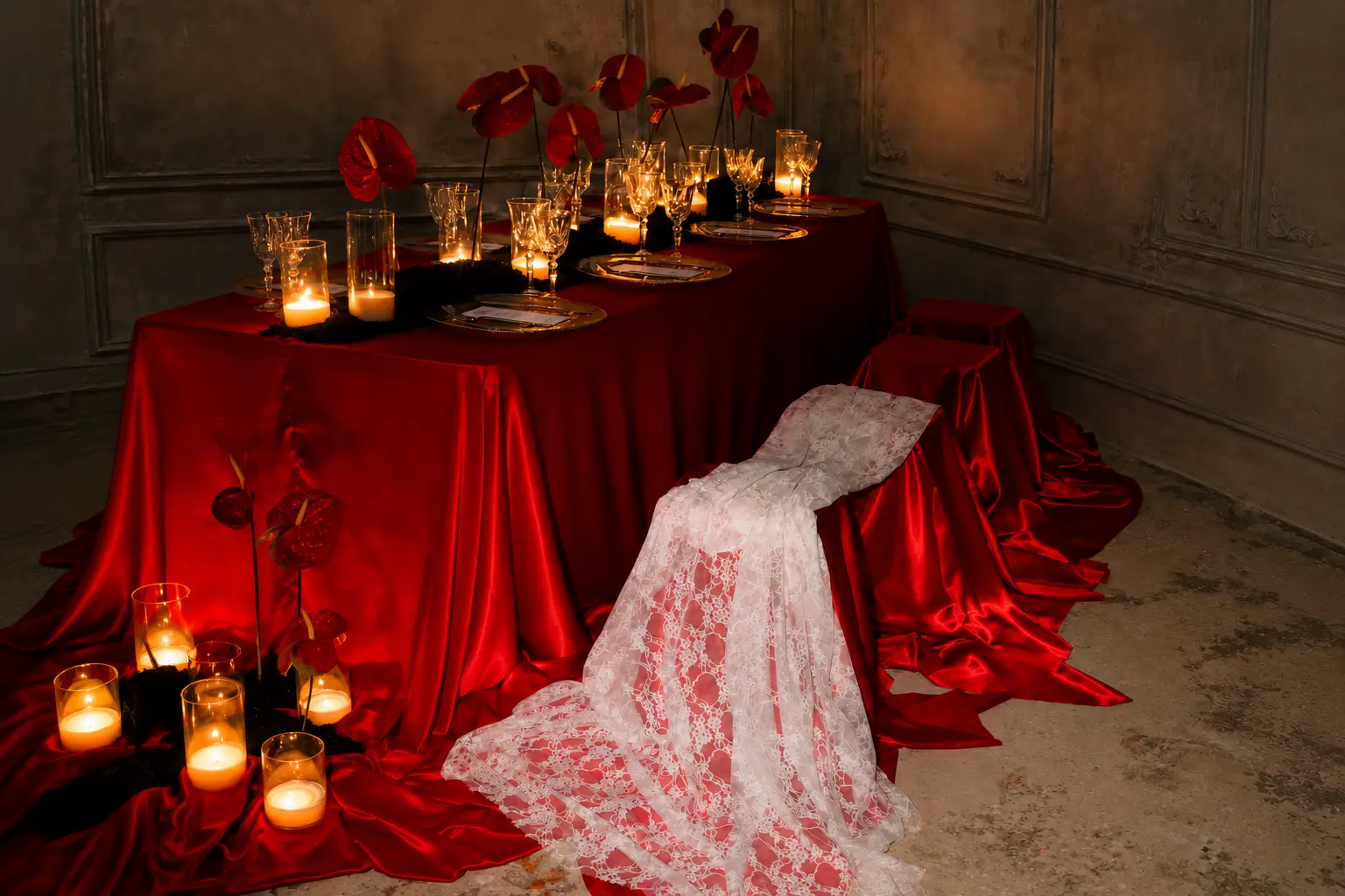 Dramatic wedding editorial tablescape with red satin draping, red anthurium flowers, glowing candles and delicate white lace fabric.