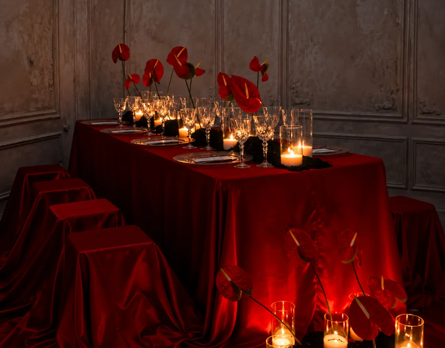 Side view of a dramatic red editorial dining table with flowing satin draping, red anthurium flowers, crystal glassware and glowing candles.