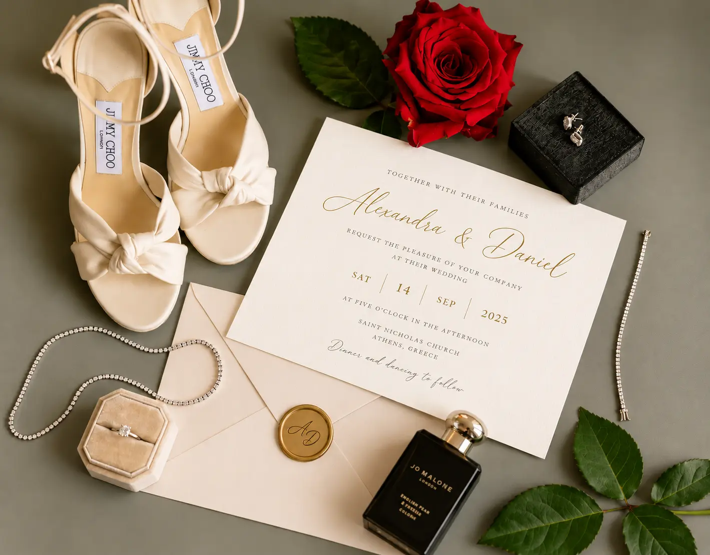 Elegant wedding flat lay featuring Alexandra and Daniel's invitation, ivory Jimmy Choo bridal heels, a red rose, wedding rings and bridal accessories.