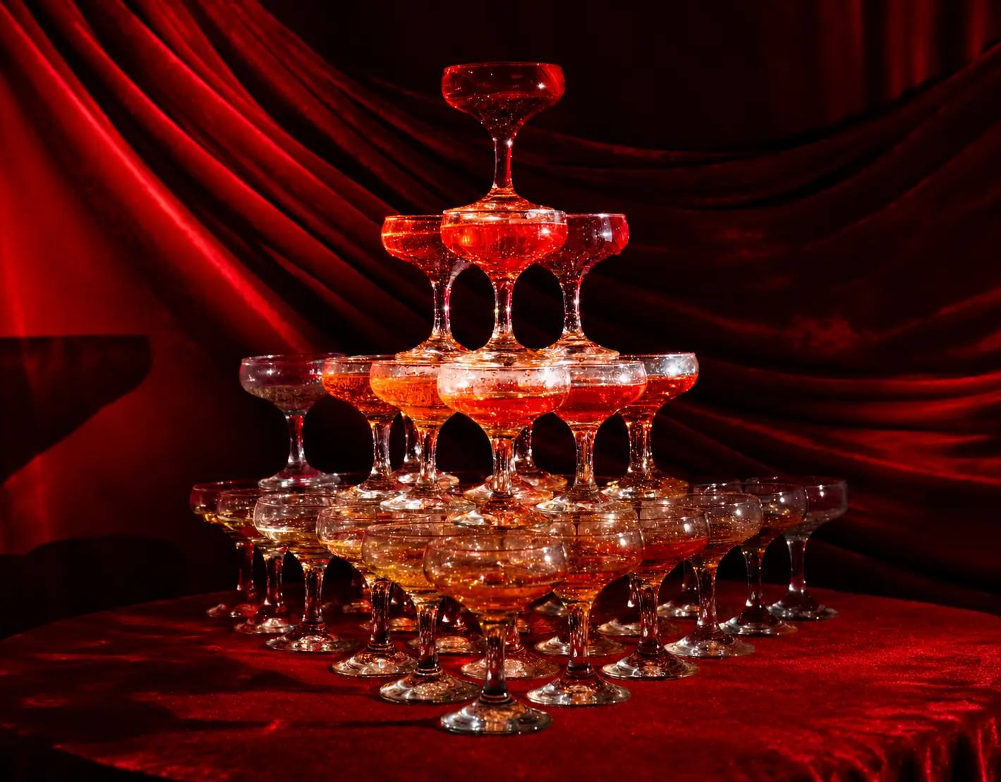 Champagne tower made of stacked coupe glasses, illuminated by dramatic red lighting against a rich red velvet backdrop.