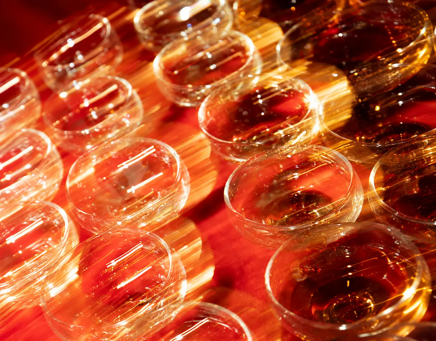 Overhead close-up of champagne coupe glasses with golden light reflections and rich red tones in an abstract editorial composition.