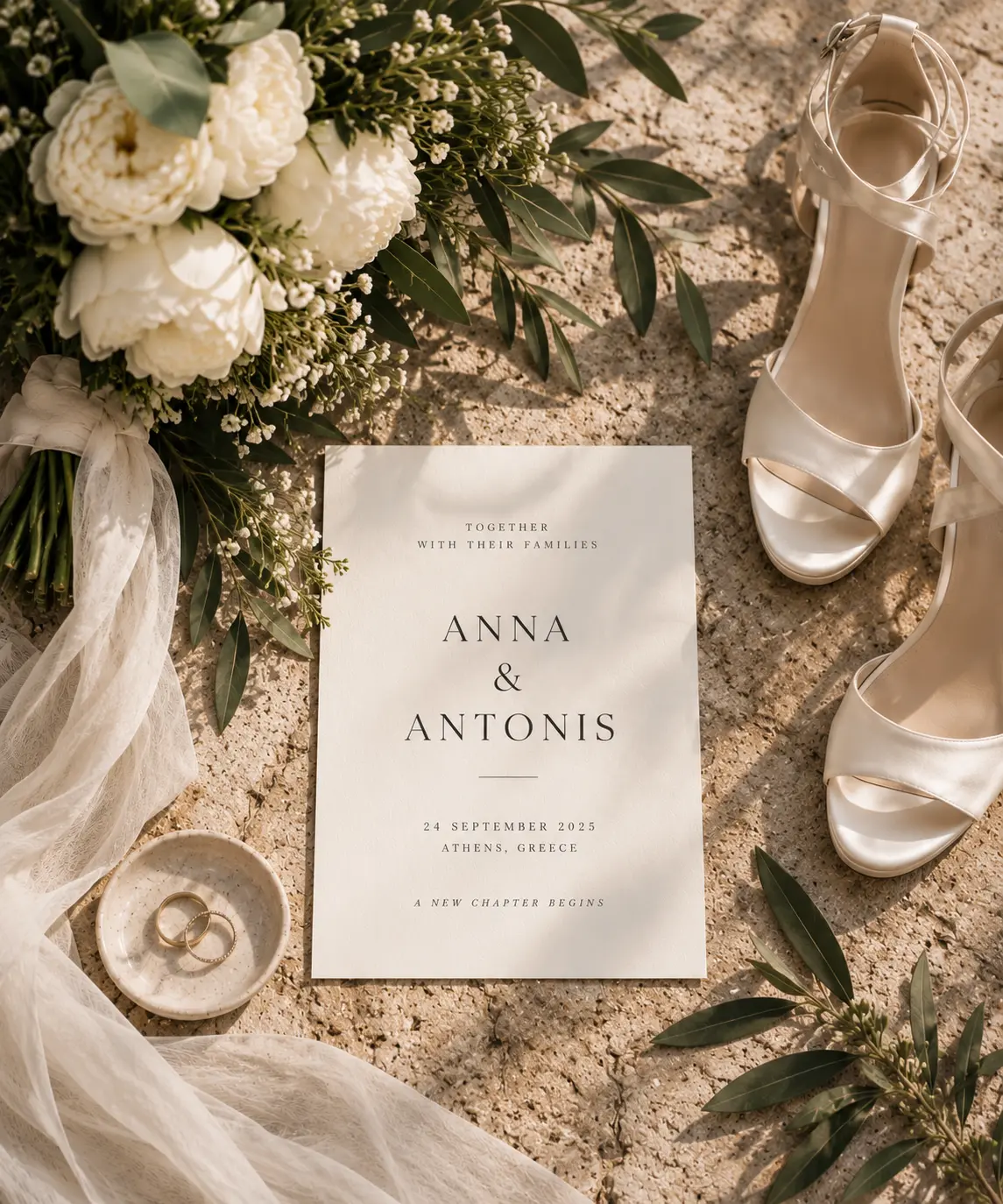 Wedding invitation for Anna and Antonis styled with white bridal shoes, a bouquet of white flowers, wedding rings and olive branches.