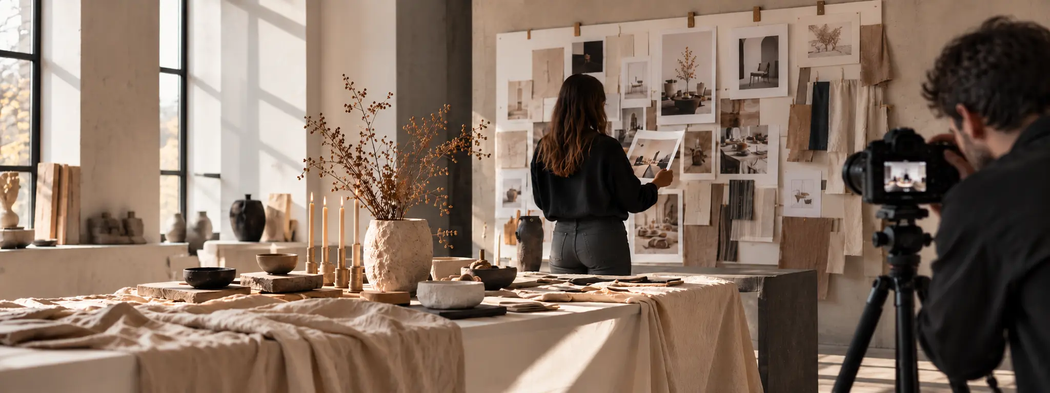 Behind-the-scenes creative direction in a design studio, featuring a visual moodboard, editorial table styling and a photographer capturing the concept.