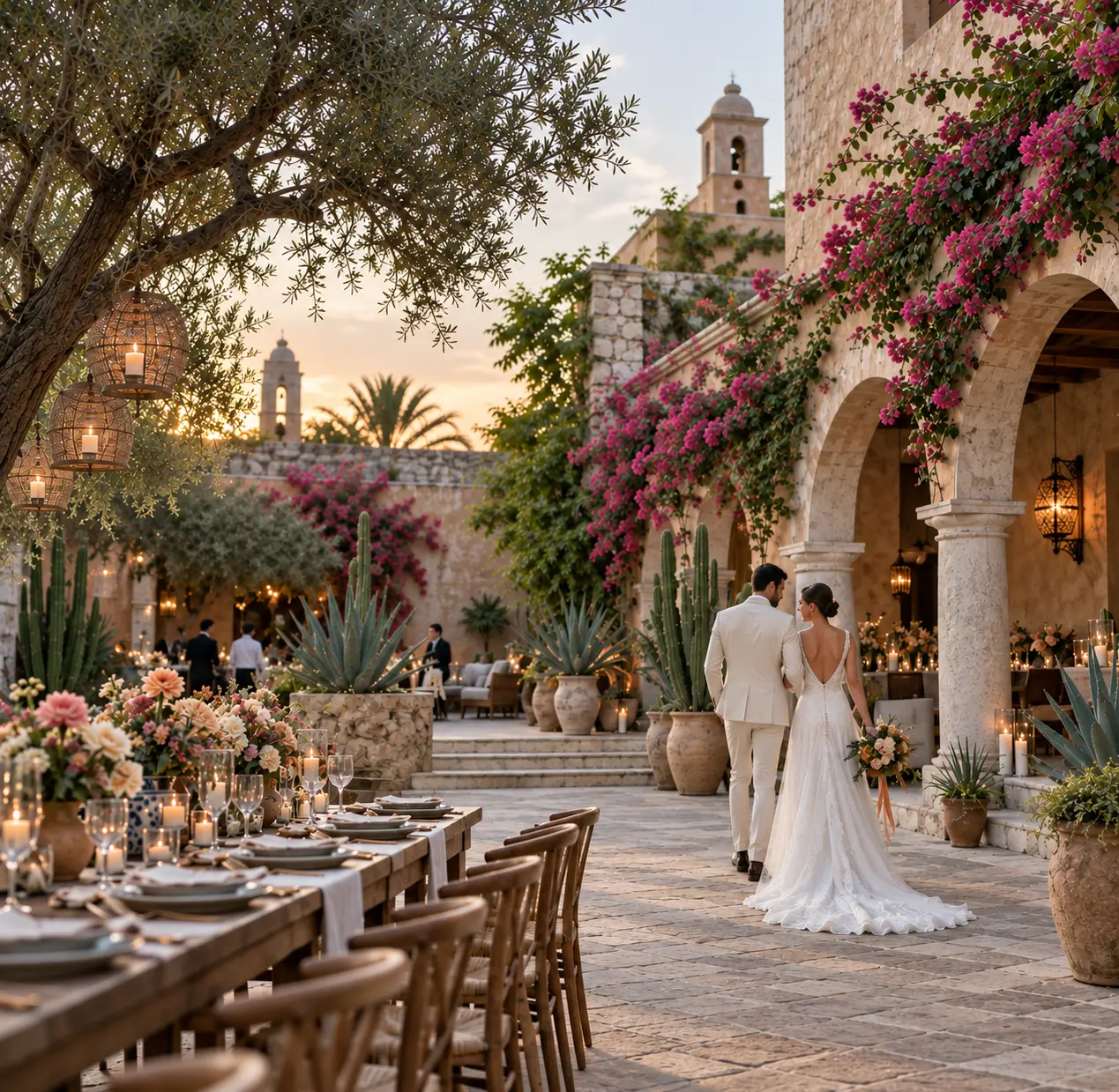 Bride and groom walking through a romantic Mexican hacienda courtyard with stone arches, pink bougainvillea and elegant outdoor wedding reception tables.