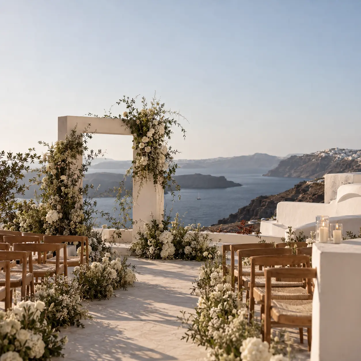 Elegant Santorini wedding ceremony setup overlooking the Aegean Sea, featuring a white floral arch, wooden guest chairs and an aisle decorated with ivory flowers.