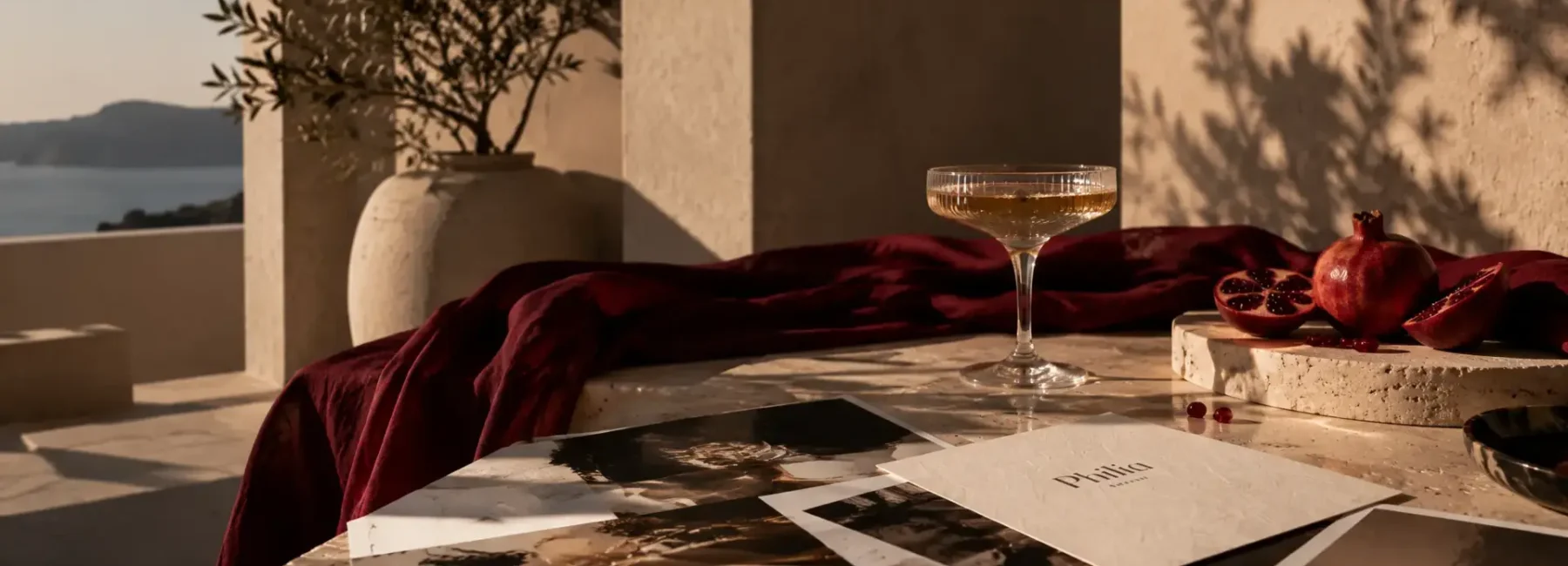 Editorial still life with a champagne coupe, pomegranates, burgundy fabric and PHILIA branding on a sunlit terrace.