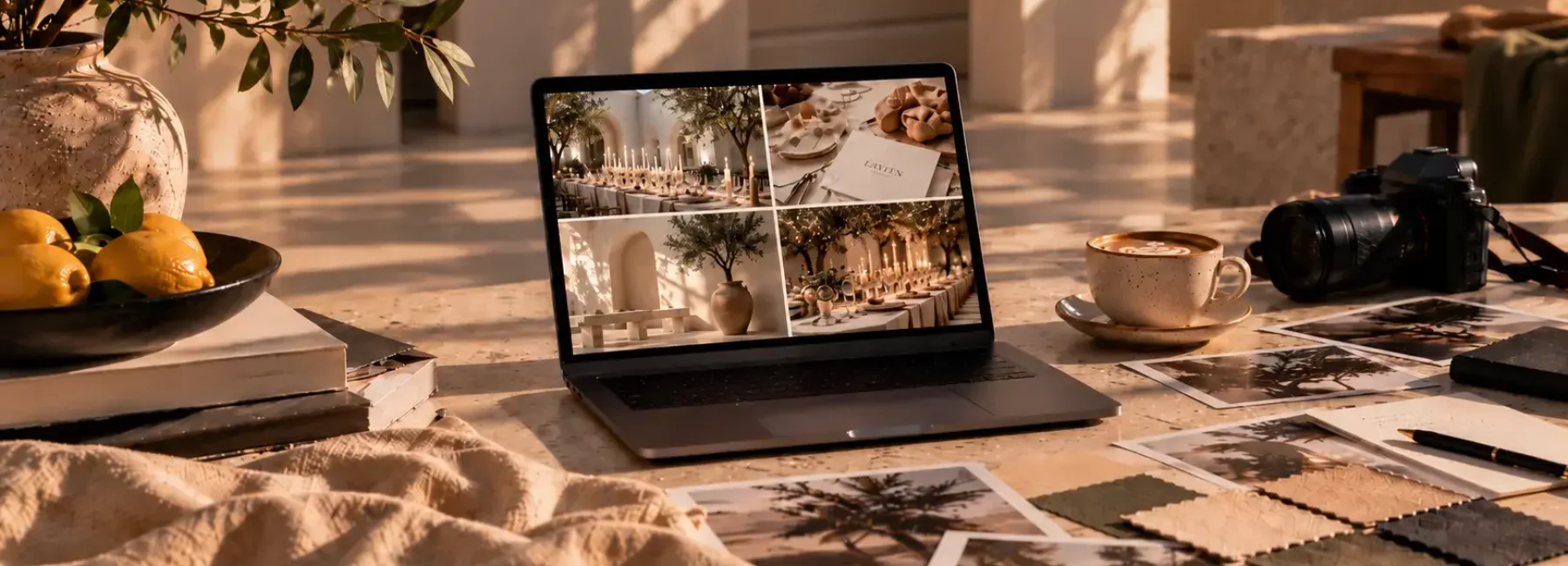 Creative workspace with a laptop displaying event photography, a camera, printed moodboards and styling materials.